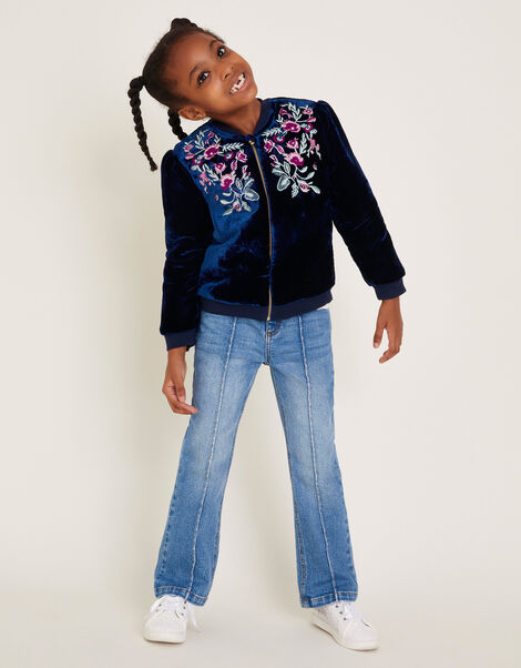 Embroidered Velvet Bomber Jacket, Blue (NAVY), large