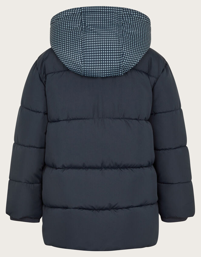 Houndstooth Hood Puffer Coat, Blue (NAVY), large