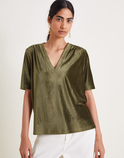 Shay Rib Velour V-Neck T-Shirt, Green (KHAKI), large