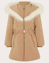 Padded Faux Fur Trim Belted Coat, Camel (CAMEL), large