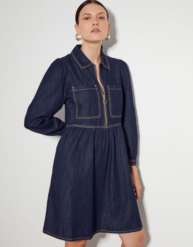 Adeena Denim Mini Shirt Dress, Blue (INDIGO), large