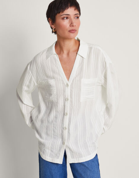 Sofia Long Sleeve Textured Shirt, White (WHITE), large