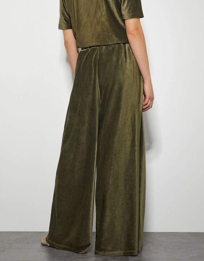 Shay Rib Velour Wide Leg Trousers, Green (KHAKI), large