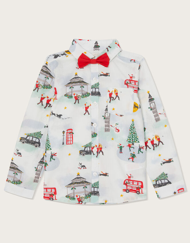 Christmas Print Shirt with Bow Tie, White (WHITE), large