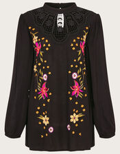 Cutwork Floral Embroidered Top, Black (BLACK), large