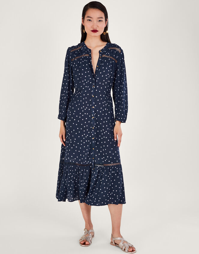 Spot Cutwork Midi Dress , Blue (NAVY), large