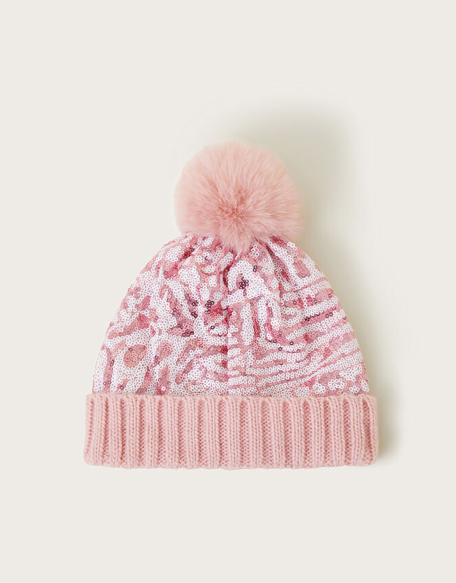 Sequin Animal Print Pom-Pom Beanie, Pink (PINK), large