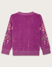 Embroidered Velour Sweatshirt, Purple (PURPLE), large