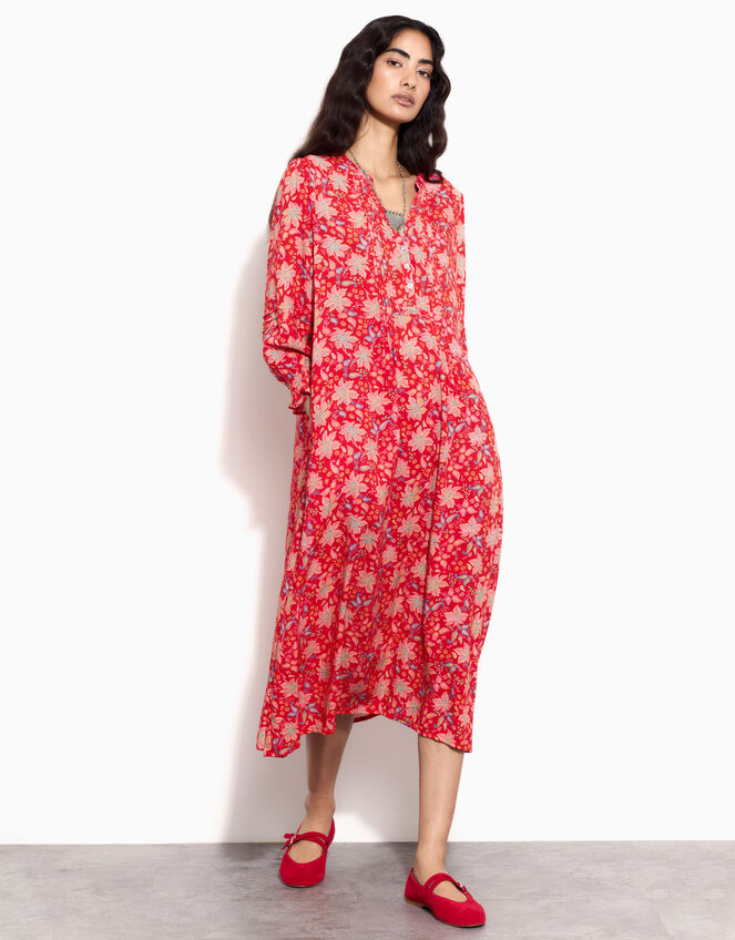 East Pleat Floral Midi Dress, Red (RED), large