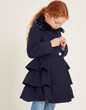 Faux Fur Collar Peplum Coat, Blue (NAVY), large