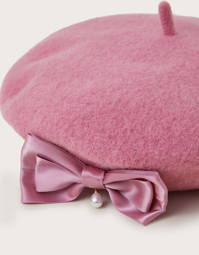 Satin Bow Wool Beret, Pink (PINK), large