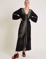 Cali Embroidered Leaf Kaftan Dress, Black (BLACK), large