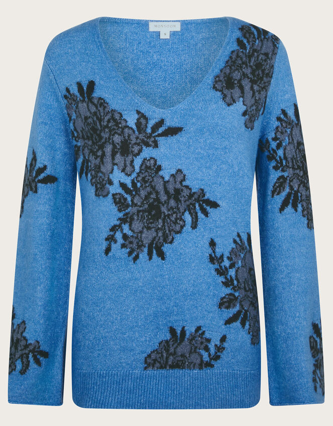 Jess V-Neck Floral Jacquard Sweater, Blue (BLUE), large