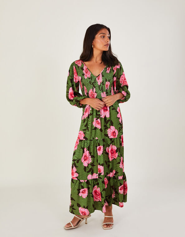 Peonella Shirred Floral Midi Dress, Green (GREEN), large