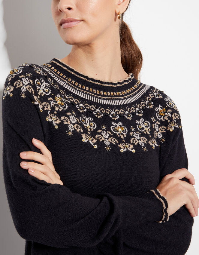 Flo Sequin Fair Isle Sweater, Black (BLACK), large