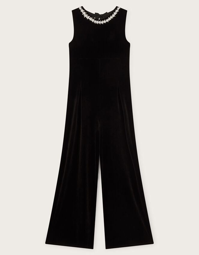 Laurelie Bow Velour Jumpsuit, Black (BLACK), large