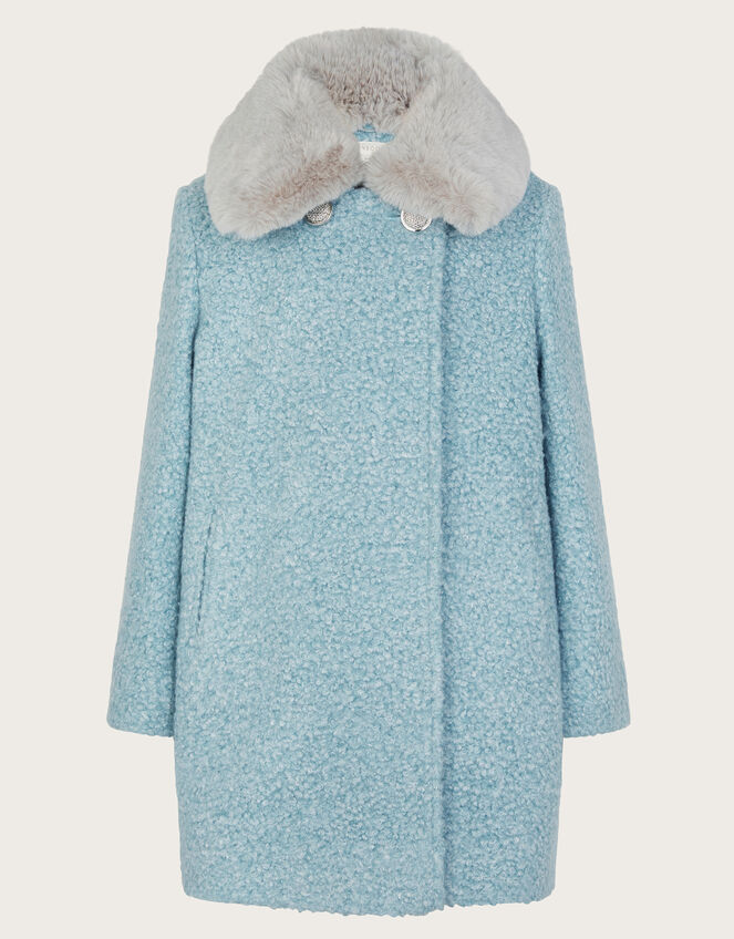 Faux Fur Collar Boucle Coat, Blue (PALE BLUE), large