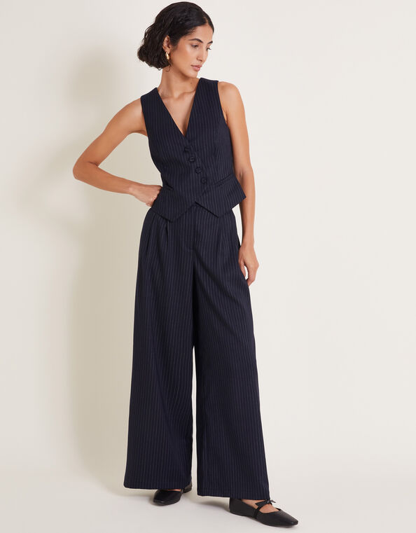 Paige Pinstripe Wide Leg Pants, Blue (NAVY), large