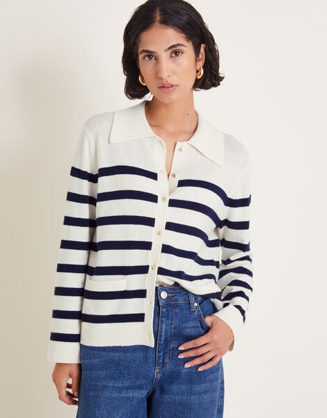 Sybil Collar Stripe Cardigan, Ivory (IVORY), large