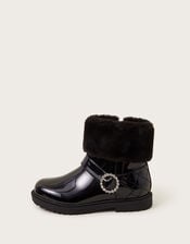 Patent Faux Fur Cuff Boots, Black (BLACK), large