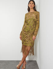 Darcy Devore Fringe Dress, Yellow (OCHRE), large