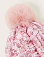 Sequin Animal Print Pom-Pom Beanie, Pink (PINK), large