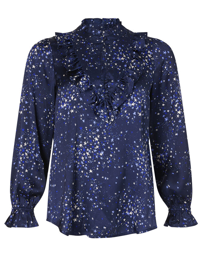 Star Print Satin Blouse Blue, Blouses & Shirts