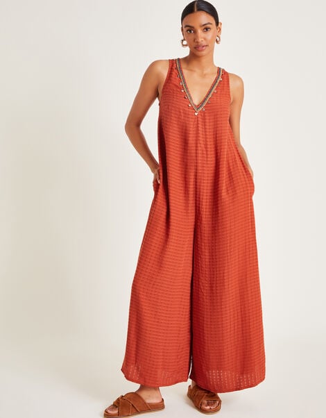 Hazel Embellished Wide Leg Jumpsuit, Orange (RUST), large