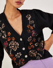 Floral Sequin Embellished Cardigan, Black (BLACK), large