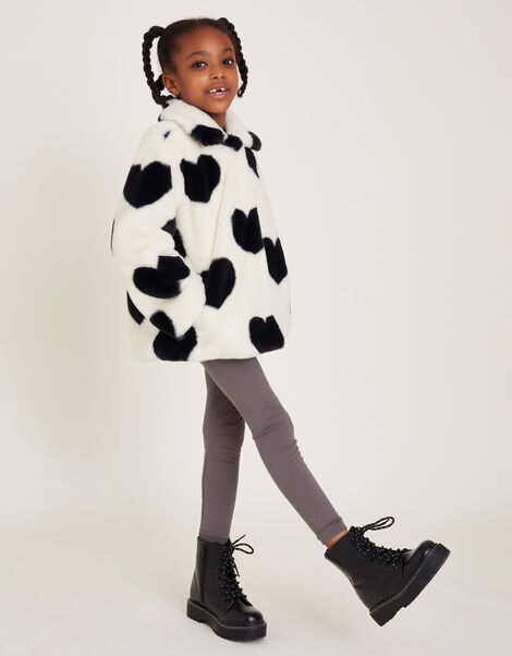 Heart Print Faux Fur Coat, Black (BLACK WHITE), large