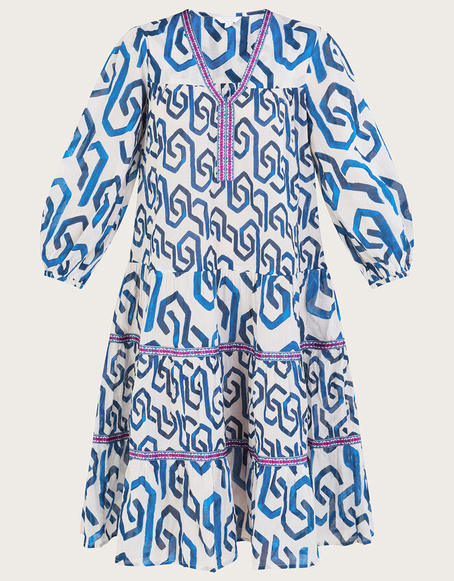 Geometric Print Kaftan Dress in Sustainable Cotton, Blue (COBALT), large