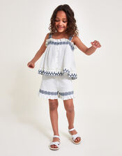 Embroidered Frill Top and Shorts Set, White (WHITE), large