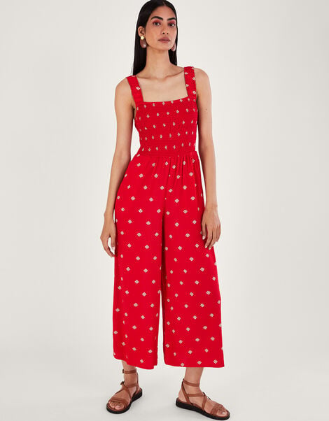 Geometric Print Cut-Out Jumpsuit, Red (RED), large