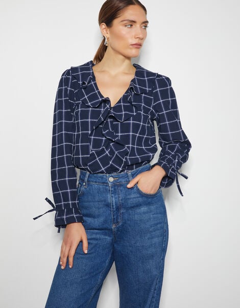 Frankie Check Print Ruffle Blouse, Blue (NAVY), large