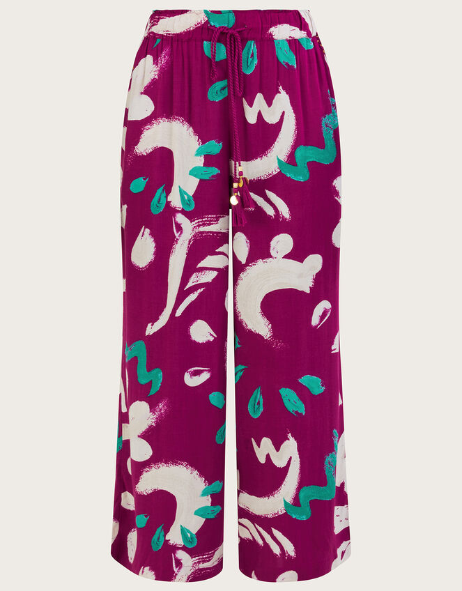 Abstract Brushstroke Print Wide Leg Trousers, DARK PINK, large