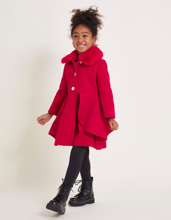 Smart Ruffle Faux Fur Collar Coat, Red (RED), large