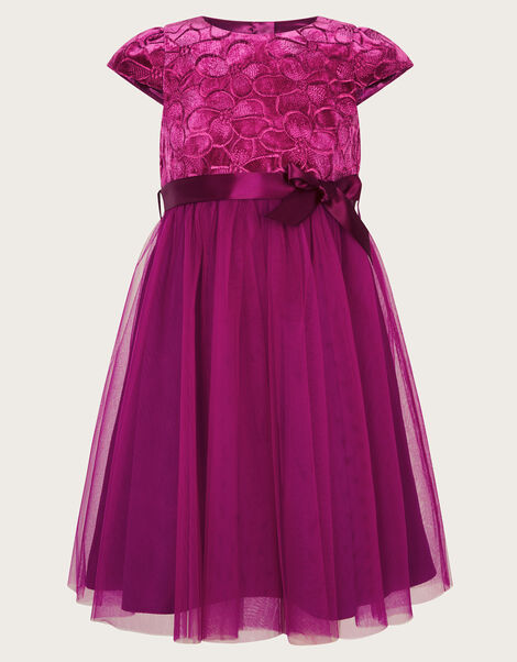 Velvet Embroidered Tulle Dress, Pink (MAGENTA), large