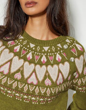 Paula Heart Knit Jumper, Green (OLIVE), large