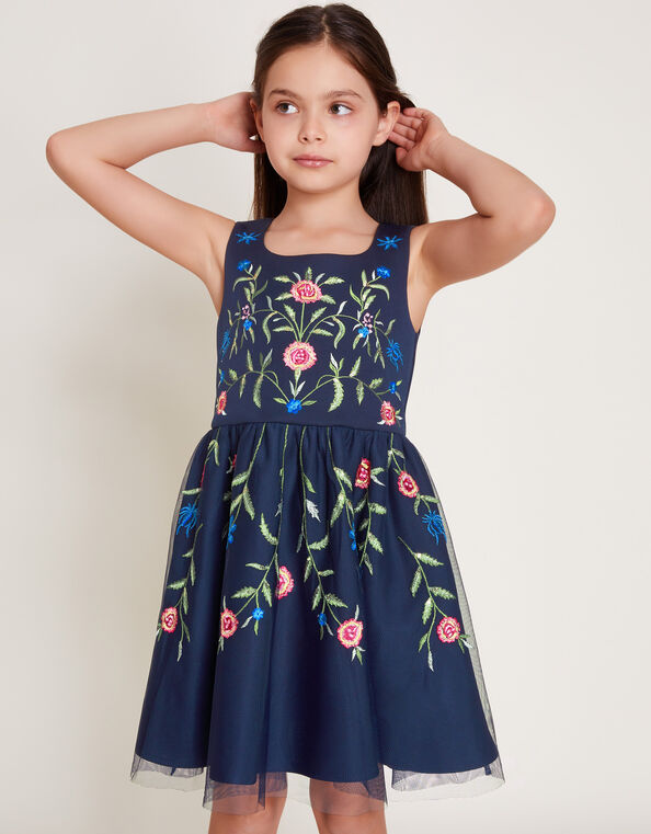 Floral Embroidered Scuba Dress, Blue (NAVY), large