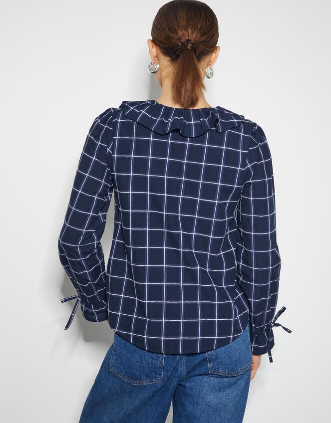 Frankie Check Print Ruffle Blouse, Blue (NAVY), large