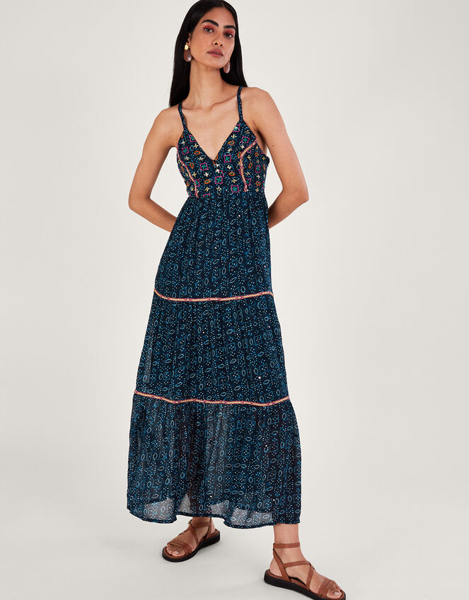 Embellished Print Maxi Cami Dress in Sustainable Viscose, Blue (NAVY), large