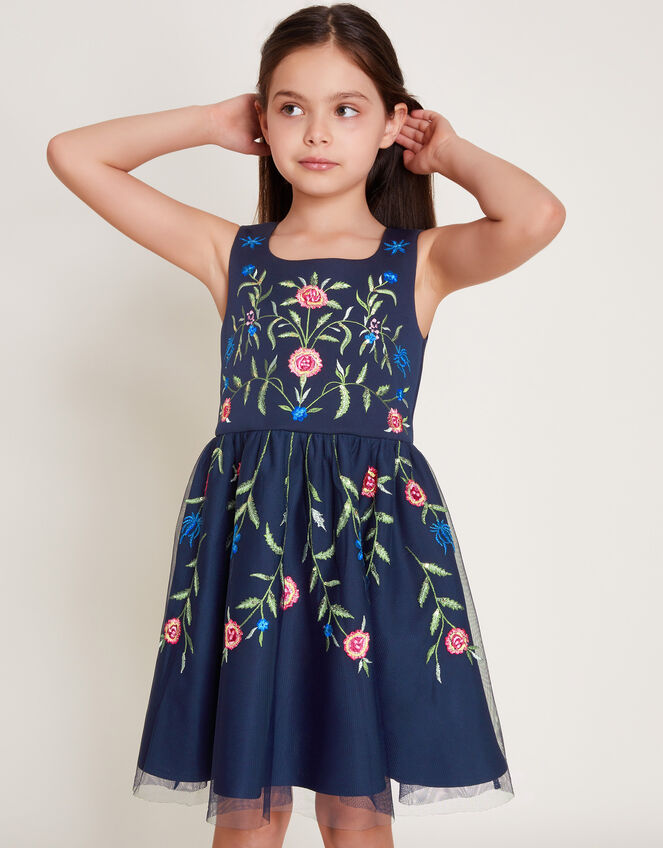 Floral Embroidered Scuba Dress, Blue (NAVY), large