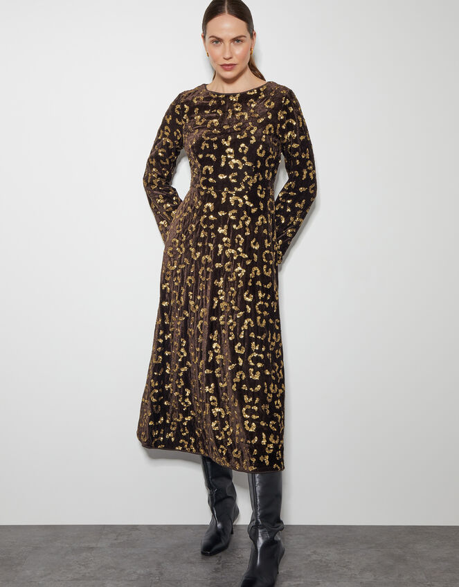 Arwen Sequin Leopard Velvet Midi Dress, Brown (CHOCOLATE), large