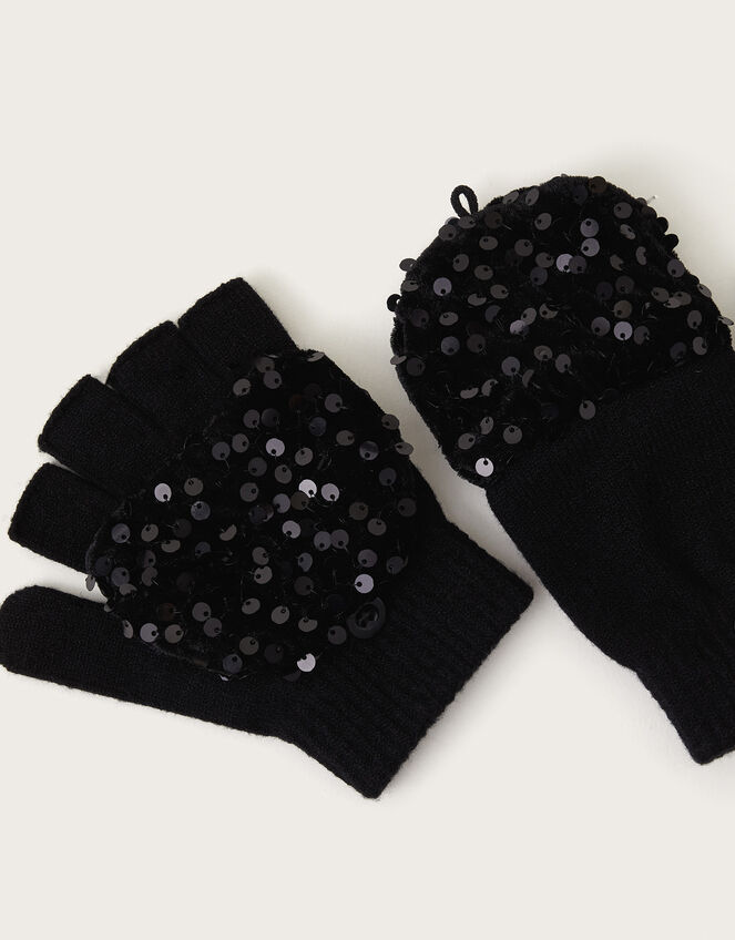 Sequin Embellished Mitten Gloves , Black (BLACK), large