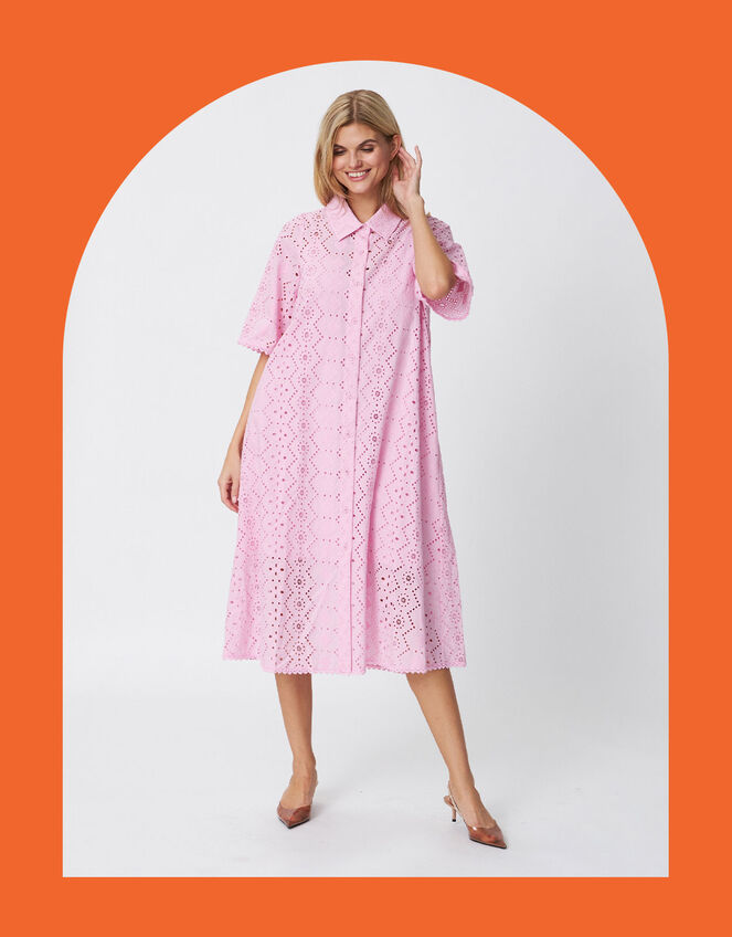 Crās Broderie Midi Shirt Dress, Pink (PINK), large