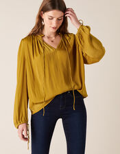 Long Sleeve Satin Blouse, Yellow (OCHRE), large