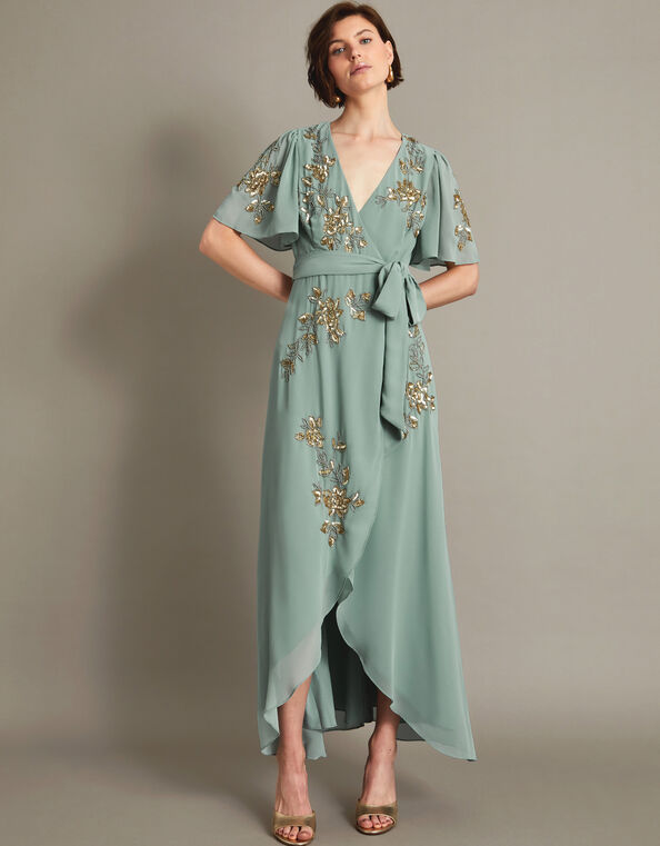 Sarah Embellished Wrap Dress , Green (SAGE), large