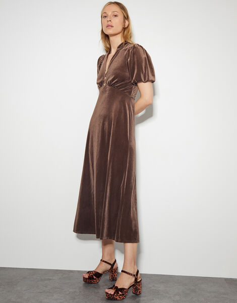 Veronique Velvet Bow Midi Dress, Brown (CHOCOLATE), large