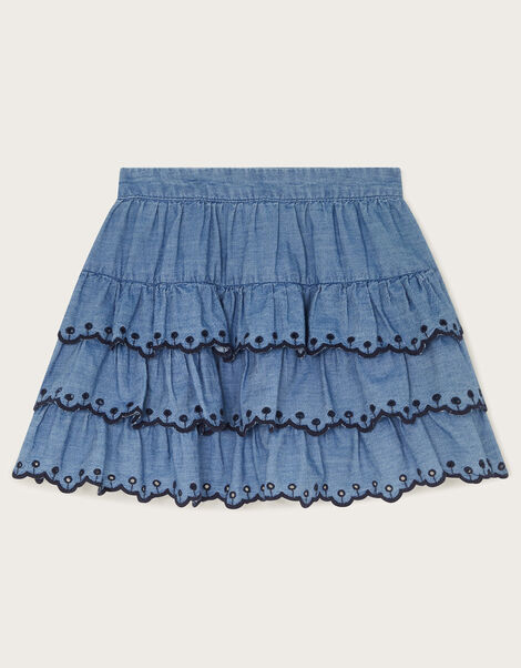 Embroidered Chambray Tiered Mini Skirt, Blue (NAVY), large