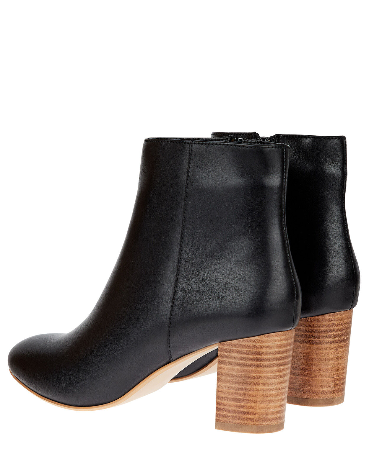 Stacked Heel Leather Ankle Boots Black 